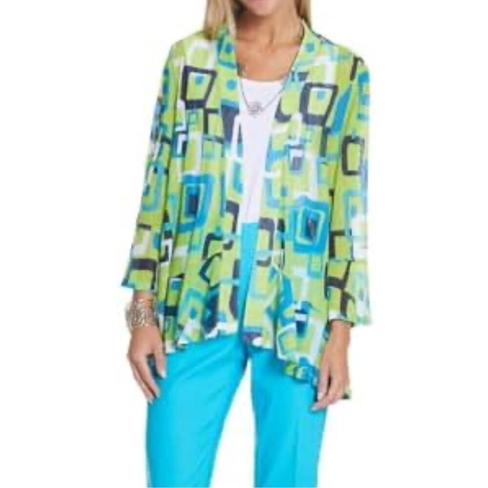Multiples Lightweight Open Front Cardigan Vibrant Geometric Print 1X